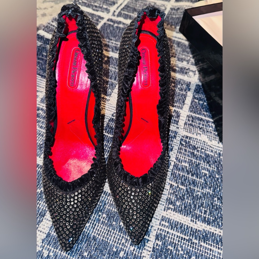 NIB Cesare Paciotti Strass Crystal Suede Black Stiletto Pump EU 40 US 9 10